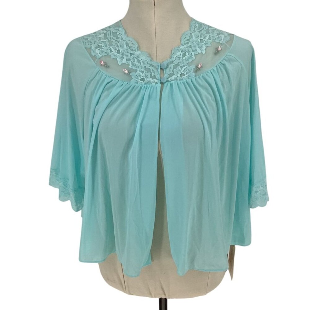 Vintage 70s NWT Sz M Shadowline Lace Trim Short Boudoir Jacket Robins Egg Blue